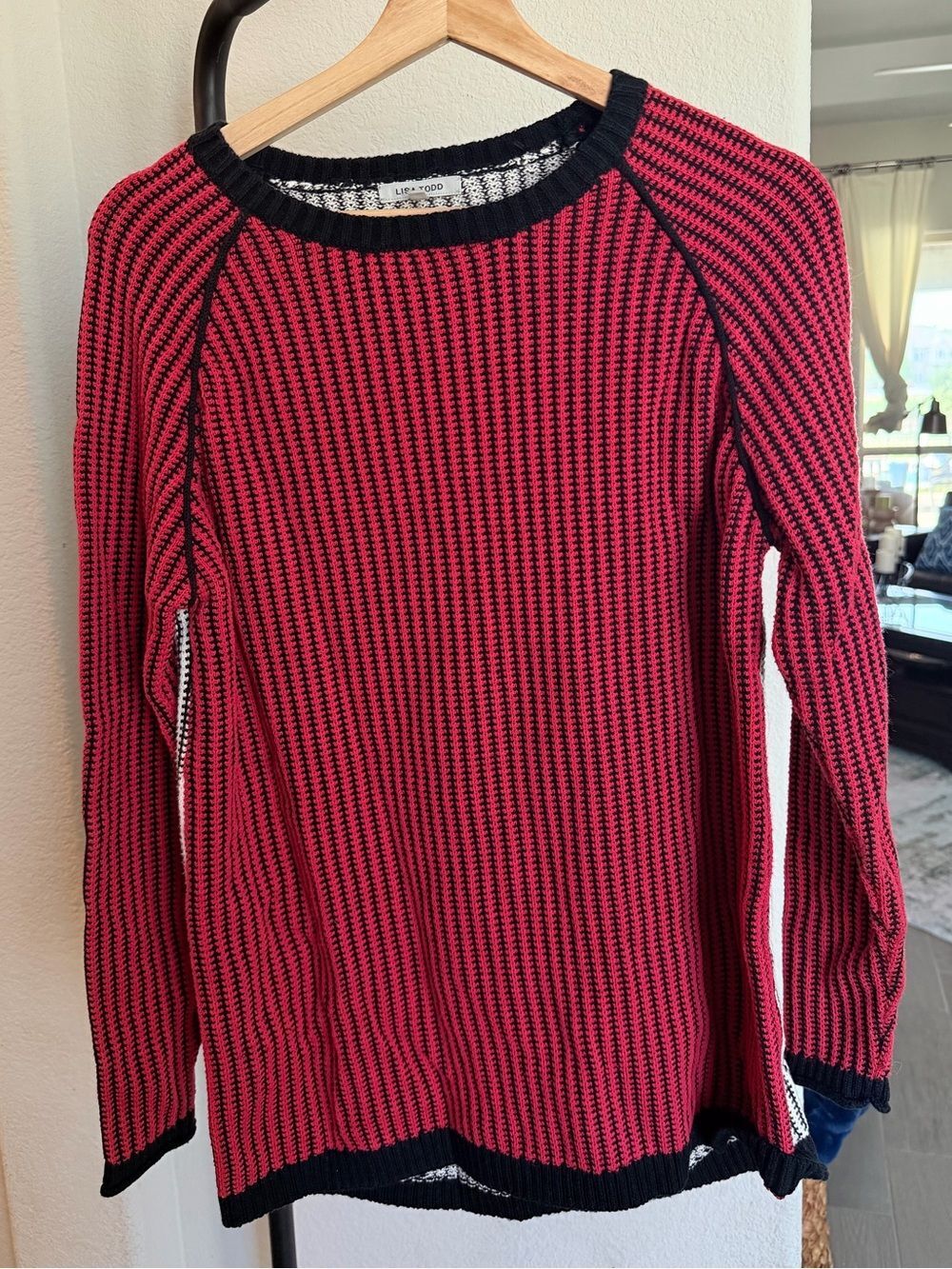 Lisa Todd Red and Black Ribbed Cashmere Cotton Blend Crewneck Sweater M $260